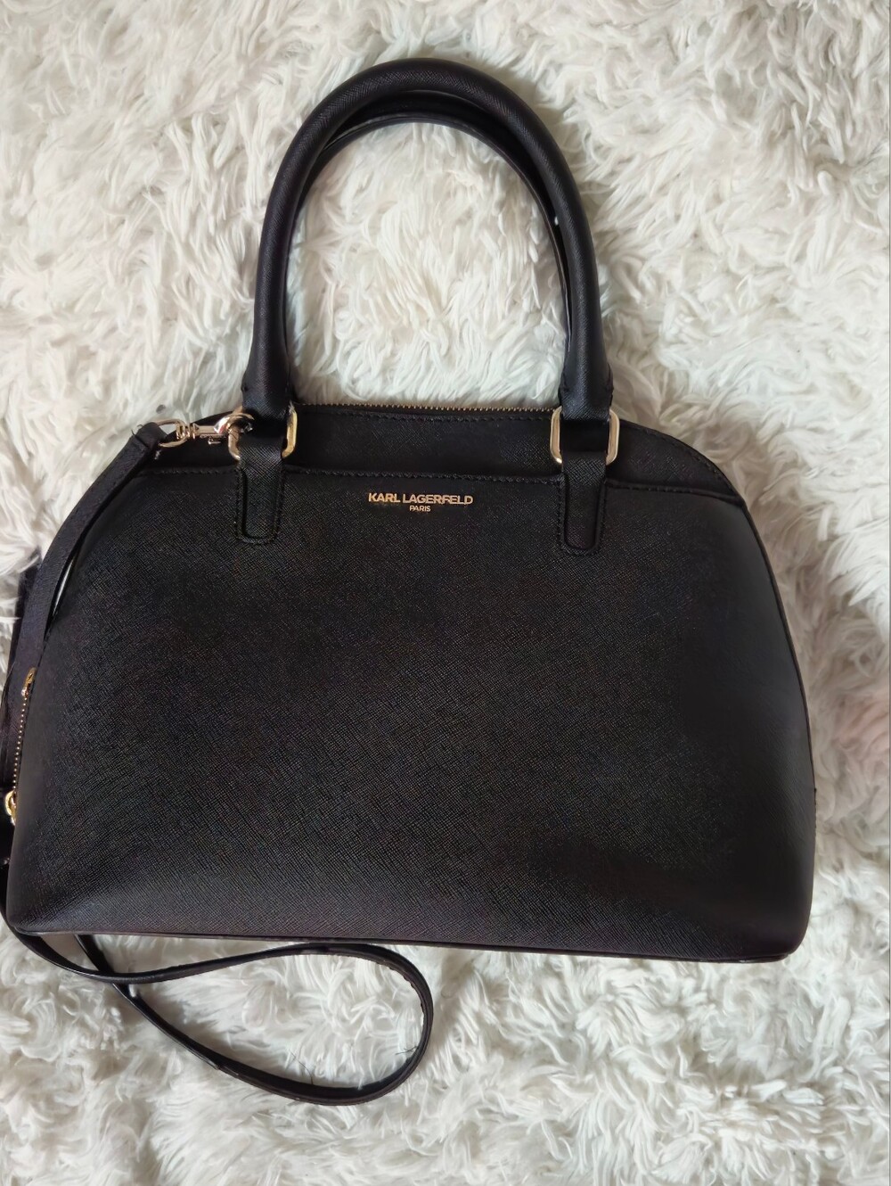 Karl Lagerfeld Black Saffiano Leather Dome Satchel Bag w/Crossbody Strap